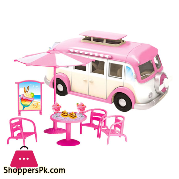 Cute Kids Mini Camper Car Simulation Plastic Pink Motorhome Car Doll House Furniture Accessories For Barbie Pretend Play Toy
