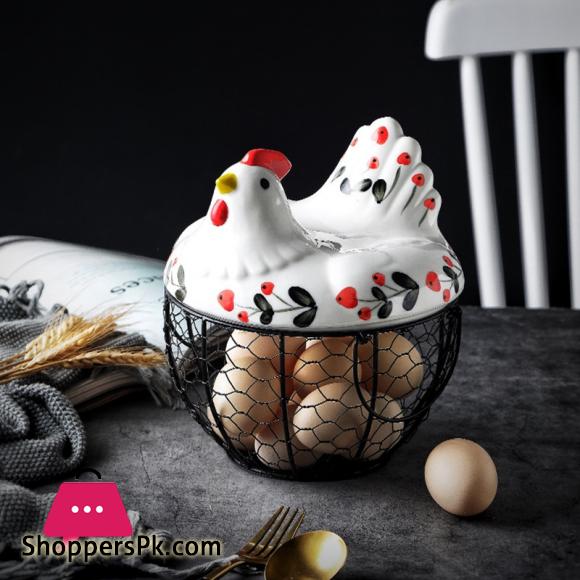 Iron Egg Storage Basket Snack Fruit Basket Creative Collection Ceramic Hen Ornaments Decoration Kitchen Accessories