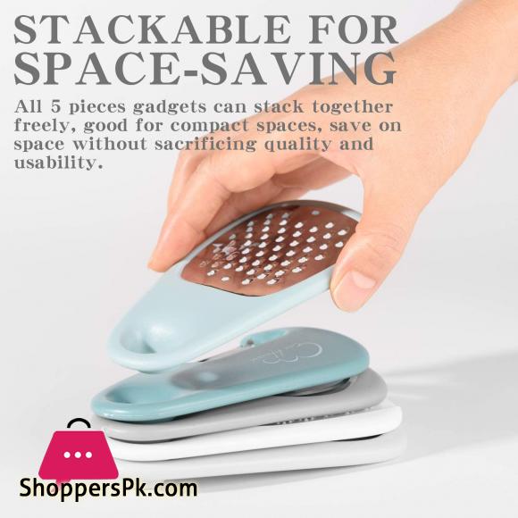 Kitchen Gadgets Set 4 Pieces Space Saving Cooking Tools Cheese Grater Fruit Vegetable Peeler Pizza Cutter Garlic Ginger Grinder Stainless Steel Accessories Dishwasher Safe