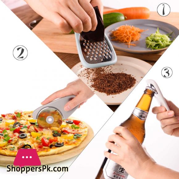Kitchen Gadgets Set 4 Pieces Space Saving Cooking Tools Cheese Grater Fruit Vegetable Peeler Pizza Cutter Garlic Ginger Grinder Stainless Steel Accessories Dishwasher Safe