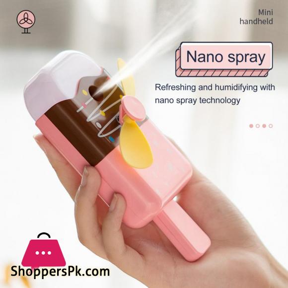 Mini USB Rechargeable Cartoon Ice Cream Shape Handheld Humidifier Cooling Fan for Home Outdoor Camping Hiking Tool Spray Fan 1 Pcs