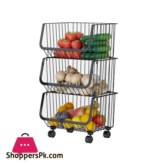 Movable Cart Shelf Home Kitchen Bedroom Organisation Metal Storage Rack Crevice Organizer with Wheels Fruit Vegetables - 3 Tier