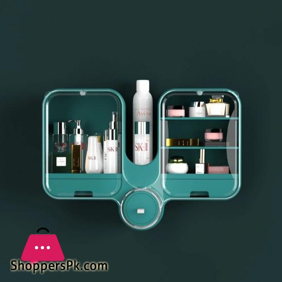 Wall Mounted Cosmetic Storage Box Punch Free Waterproof Makeup Organizer Large Capacity Bathroom Beauty Storage Shelf ( Small )