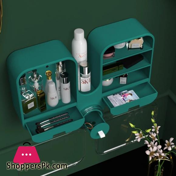 Wall Mounted Cosmetic Storage Box Punch Free Waterproof Makeup Organizer Large Capacity Bathroom Beauty Storage Shelf ( Small )