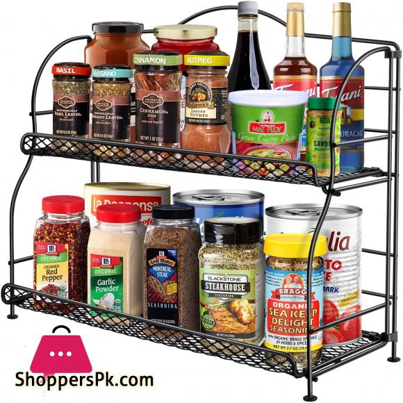 2-Tier Spice Organizer for Kitchen Cabinet Foldable Seasoning Organizer Standing Storage with Guardrail and Mesh Design Bathroom Organizer
