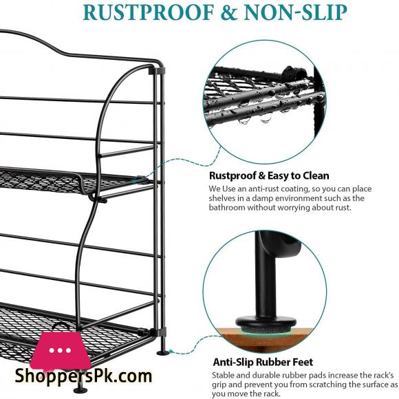 2-Tier Spice Organizer for Kitchen Cabinet Foldable Seasoning Organizer Standing Storage with Guardrail and Mesh Design Bathroom Organizer