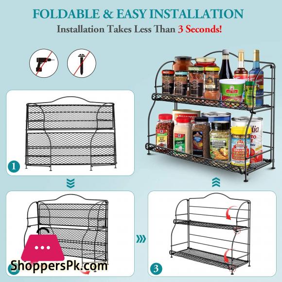 2-Tier Spice Organizer for Kitchen Cabinet Foldable Seasoning Organizer Standing Storage with Guardrail and Mesh Design Bathroom Organizer