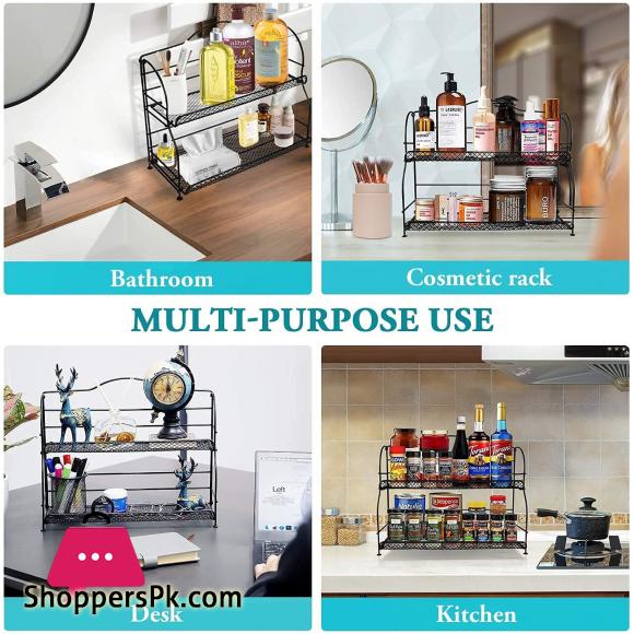 2-Tier Spice Organizer for Kitchen Cabinet Foldable Seasoning Organizer Standing Storage with Guardrail and Mesh Design Bathroom Organizer