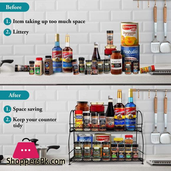 2-Tier Spice Organizer for Kitchen Cabinet Foldable Seasoning Organizer Standing Storage with Guardrail and Mesh Design Bathroom Organizer