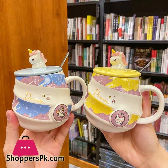 Creative Unicorn Coffee Mug with Lid Cute Cartoon Ceramic Milk Tea Cups with Stainless Steel Spoon 450ml Tumbler