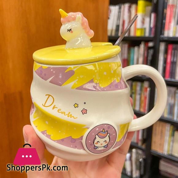 Creative Unicorn Coffee Mug with Lid Cute Cartoon Ceramic Milk Tea Cups with Stainless Steel Spoon 450ml Tumbler