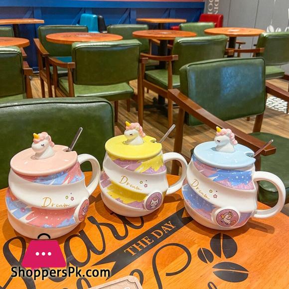 Creative Unicorn Coffee Mug with Lid Cute Cartoon Ceramic Milk Tea Cups with Stainless Steel Spoon 450ml Tumbler