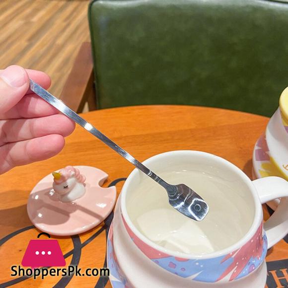Creative Unicorn Coffee Mug with Lid Cute Cartoon Ceramic Milk Tea Cups with Stainless Steel Spoon 450ml Tumbler