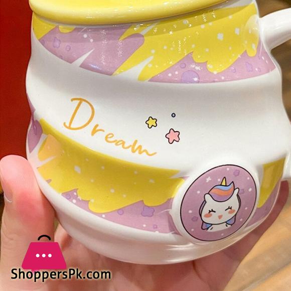 Creative Unicorn Coffee Mug with Lid Cute Cartoon Ceramic Milk Tea Cups with Stainless Steel Spoon 450ml Tumbler