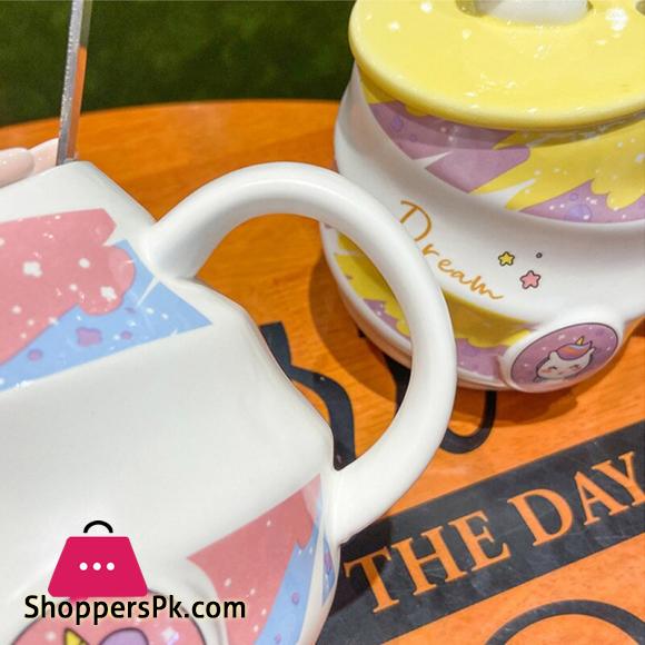 Creative Unicorn Coffee Mug with Lid Cute Cartoon Ceramic Milk Tea Cups with Stainless Steel Spoon 450ml Tumbler