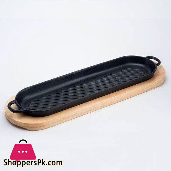 Fajita Cast Iron Frying Pan With Wooden Base - 38 Cm Length
