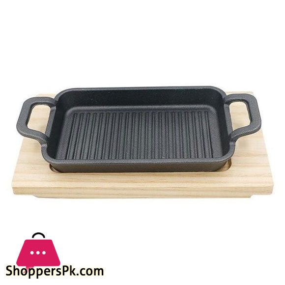 Fajita Cast Iron Skiler With Wooden Tray - Rectangular Shape 21 x 12 CM