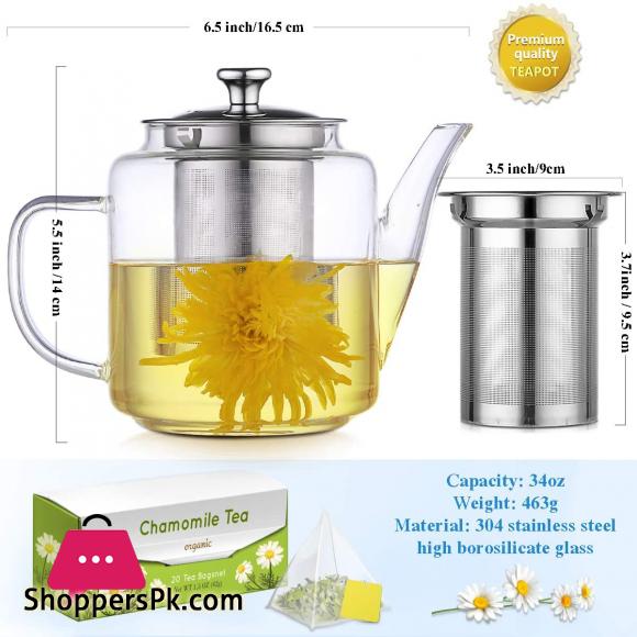 Glass Teapot with Removable Infuser - 1000ml Tea Kettle Stovetop Safe Glass Teapot with Lid for Loose Leaf Tea and Blooming Tea