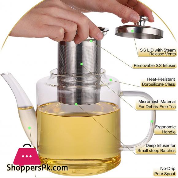 Glass Teapot with Removable Infuser - 1000ml Tea Kettle Stovetop Safe Glass Teapot with Lid for Loose Leaf Tea and Blooming Tea