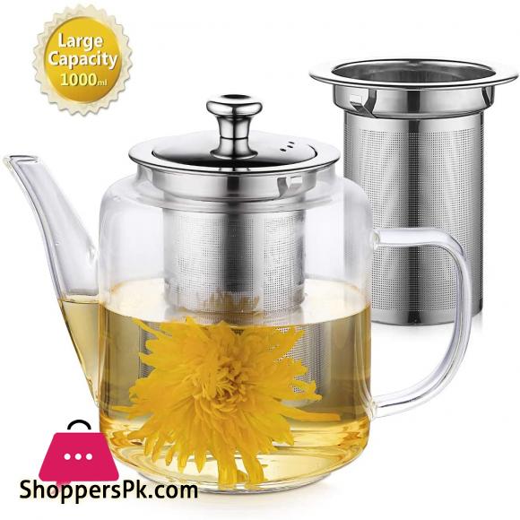 Glass Teapot with Removable Infuser - 1000ml Tea Kettle Stovetop Safe Glass Teapot with Lid for Loose Leaf Tea and Blooming Tea