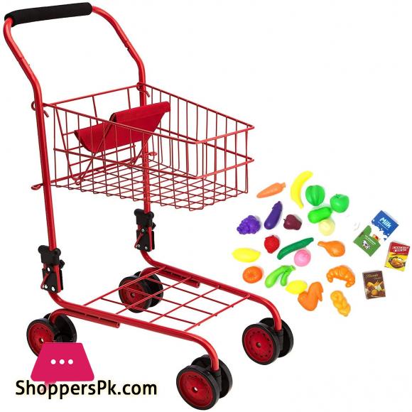 Toy Shopping Cart for Kids and Toddler - Includes Food - Folds for Easy Storage - High Quality Metal Frame