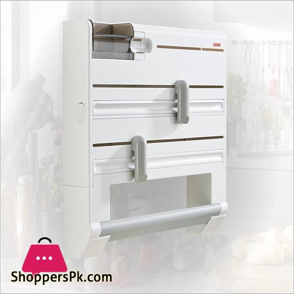 6 in 1 Kitchen Roll Holder Wall Mounted Roll Holder for Film Foil and Paper Kitchen Roll Dispenser and Cutter