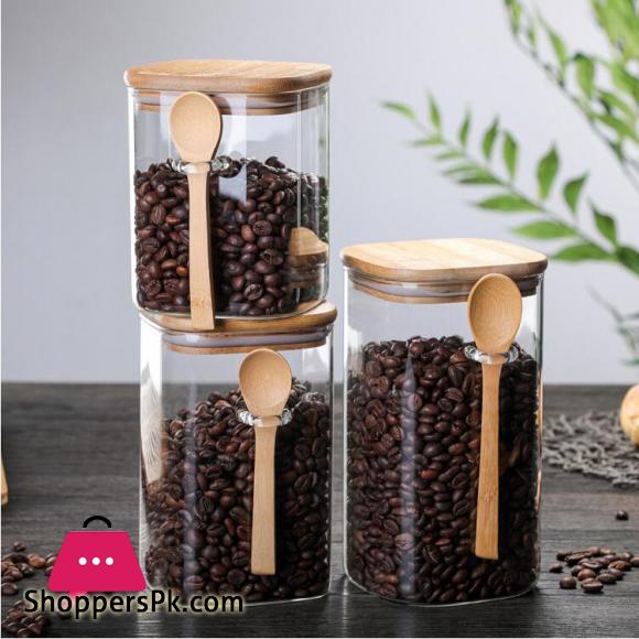 Glass Jar with Bamboo Lid and Spoon Airtight Food Storage Canister Spice Jars