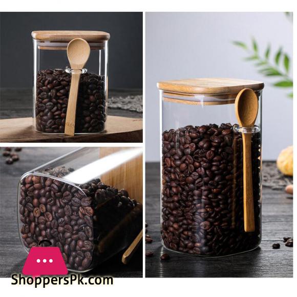 Glass Jar with Bamboo Lid and Spoon Airtight Food Storage Canister Spice Jars