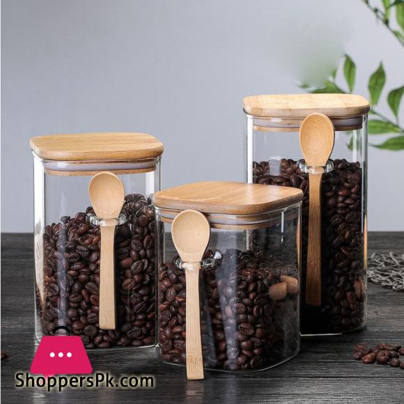 Glass Jar with Bamboo Lid and Spoon Airtight Food Storage Canister Spice Jars