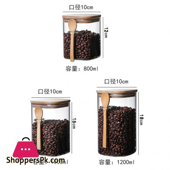 Glass Jar with Bamboo Lid and Spoon Airtight Food Storage Canister Spice Jars