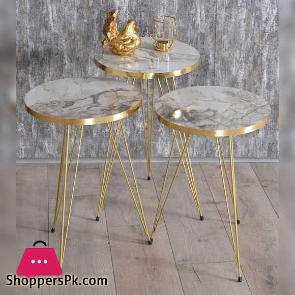 3 Pieces Table Set Top Marble Sheet With 3 Stylish Gold Legs Coffee Table