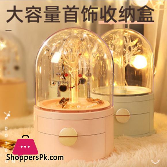 Acrylic LED Lamp Jewelry Makeup Box 360 Degree Rotating Jewelry Earrings Storage Organizer Drawer Desk Dust proof Jewel Shelf