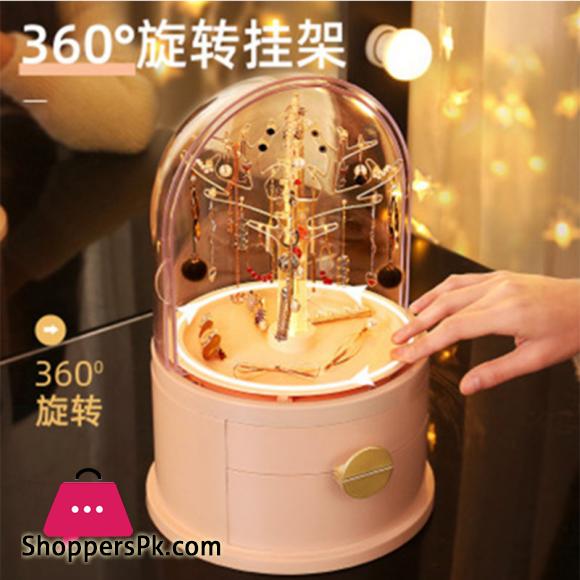Acrylic LED Lamp Jewelry Makeup Box 360 Degree Rotating Jewelry Earrings Storage Organizer Drawer Desk Dust proof Jewel Shelf