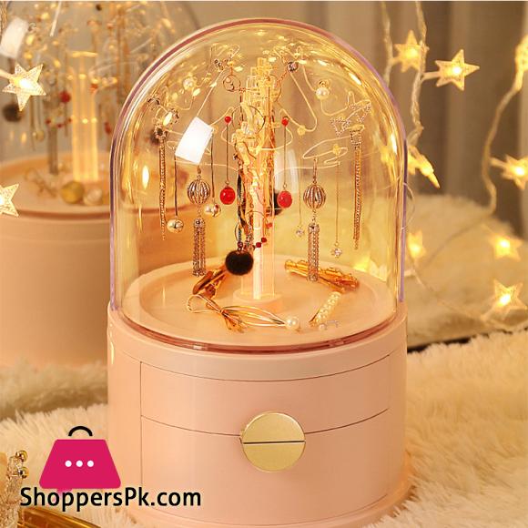Acrylic LED Lamp Jewelry Makeup Box 360 Degree Rotating Jewelry Earrings Storage Organizer Drawer Desk Dust proof Jewel Shelf