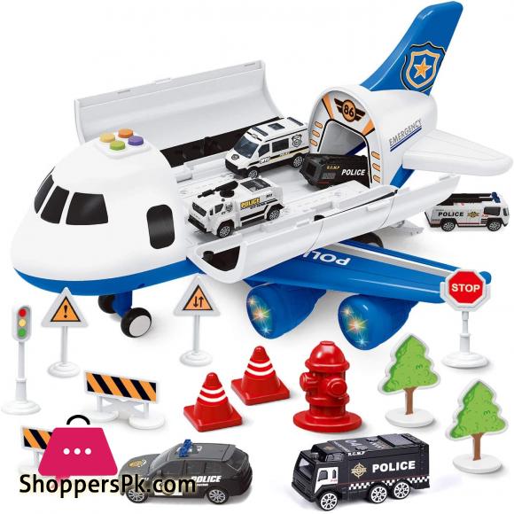 Airplane Toy with 6 Police Die-cast Toy Cars and Accessories