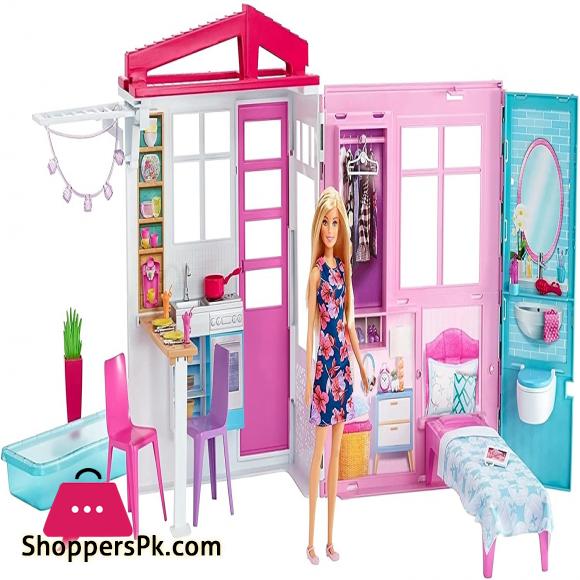 Barbie Doll and Portable Dollhouse With 1-Story Playset With Pool