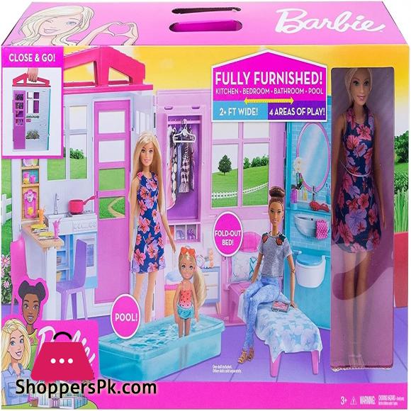 Barbie Doll and Portable Dollhouse With 1-Story Playset With Pool