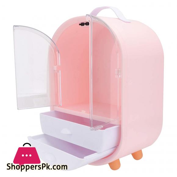 Cosmetic Display Cases Waterproof Makeup Organizer Double Door Drawer Display Make up Storage Holder with Handle on Countertop Pink