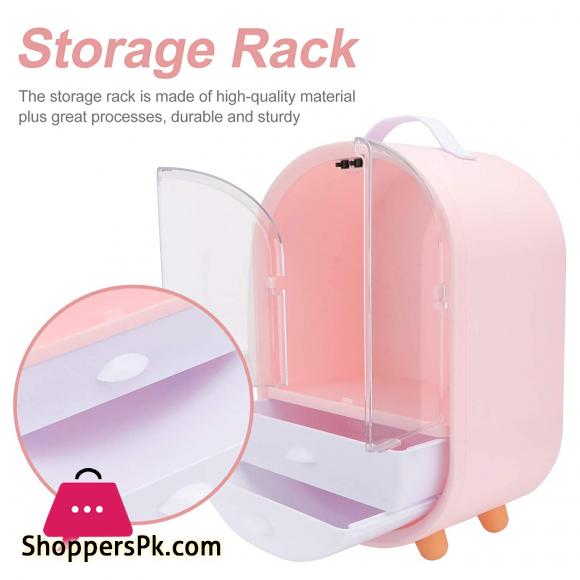 Cosmetic Display Cases Waterproof Makeup Organizer Double Door Drawer Display Make up Storage Holder with Handle on Countertop Pink