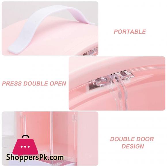 Cosmetic Display Cases Waterproof Makeup Organizer Double Door Drawer Display Make up Storage Holder with Handle on Countertop Pink