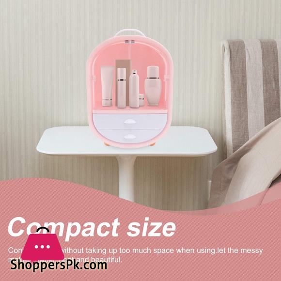 Cosmetic Display Cases Waterproof Makeup Organizer Double Door Drawer Display Make up Storage Holder with Handle on Countertop Pink