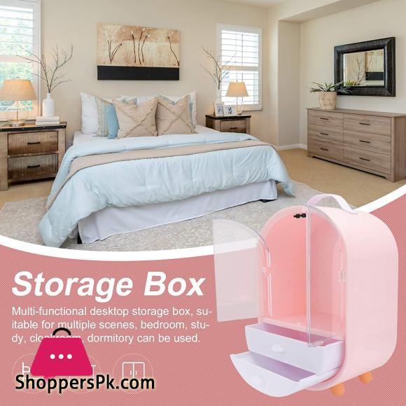Cosmetic Display Cases Waterproof Makeup Organizer Double Door Drawer Display Make up Storage Holder with Handle on Countertop Pink