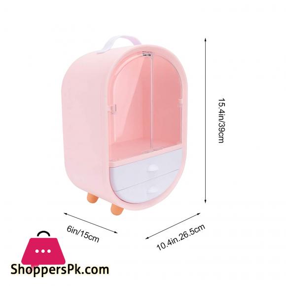 Cosmetic Display Cases Waterproof Makeup Organizer Double Door Drawer Display Make up Storage Holder with Handle on Countertop Pink