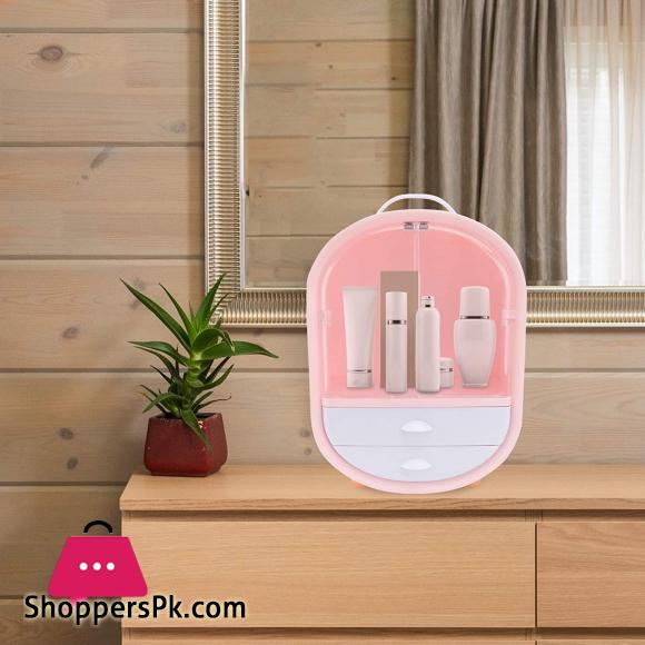 Cosmetic Display Cases Waterproof Makeup Organizer Double Door Drawer Display Make up Storage Holder with Handle on Countertop Pink