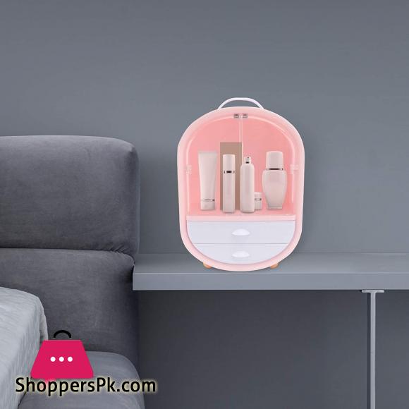 Cosmetic Display Cases Waterproof Makeup Organizer Double Door Drawer Display Make up Storage Holder with Handle on Countertop Pink