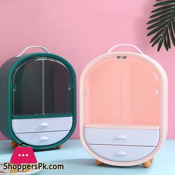 Cosmetic Display Cases Waterproof Makeup Organizer Double Door Drawer Display Make up Storage Holder with Handle on Countertop Pink