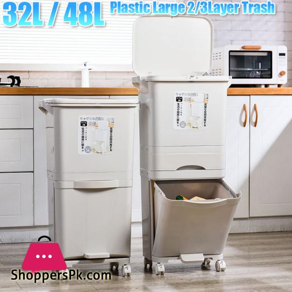 Dustro Large Capacity Trash Can 3 Layers Double Deck Waste Sorting Bins Kitchen Household Restaurant Dustbin Storage Waste Bin 42-Liter