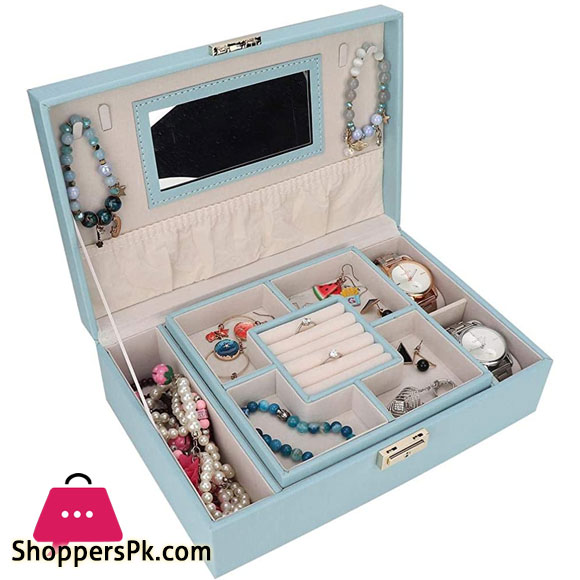 Jewelry Box Large Capacity PU Leather Jewelry Storage Box Earring Necklace Container Holder with Mirror