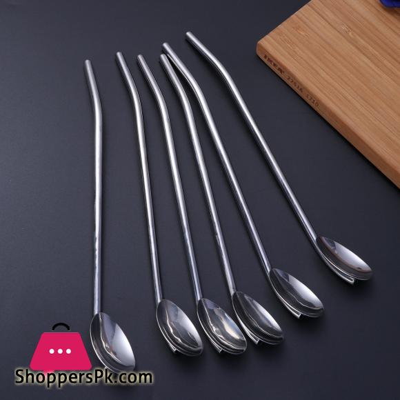 Stainless Steel Oval Shape Metal Drinking Spoon Straw Reusable Straws Cocktail Spoons Set Falooda Spoon