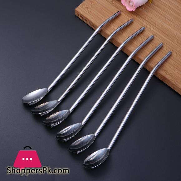 Stainless Steel Oval Shape Metal Drinking Spoon Straw Reusable Straws Cocktail Spoons Set Falooda Spoon